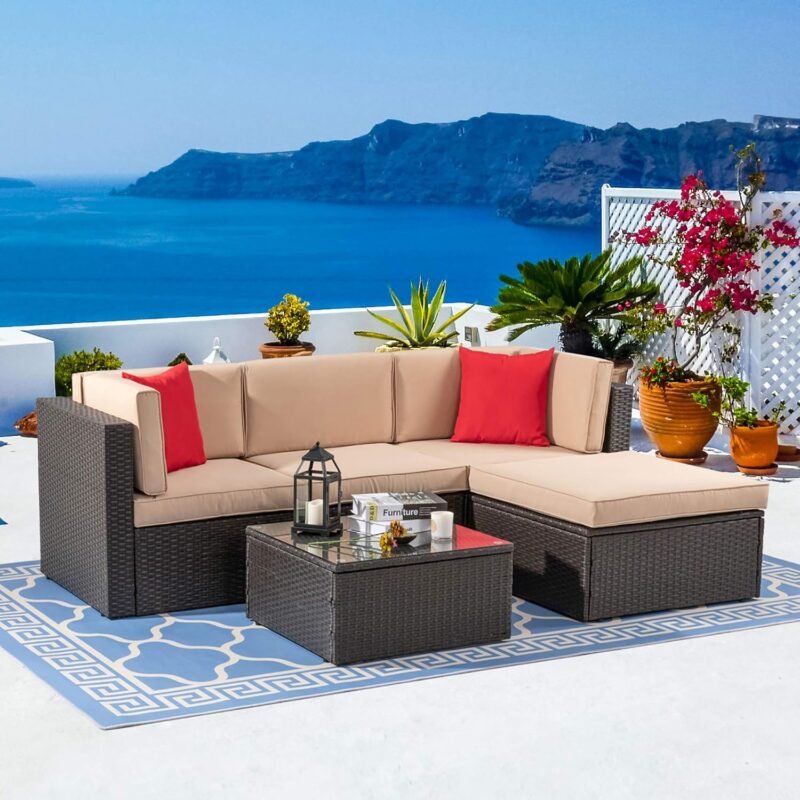 Vongrasig 5 Piece Patio Furniture Sets, All-Weather Brown PE Wicker Outdoor Couch Sectional Set, Small Conversation Set for Garden/Patio w/Ottoman, Glass Table, Red Pillow, Beige - Imagen 2
