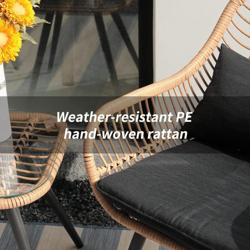 Verano Garden 3 Piece Patio Bistro Set, Outdoor Wicker Conversation Chair Sets Balcony Furniture,Coffee Table with Glass Top, Cushions & Lumbar Pillows for Porch, Backyard, Deck, Poolside - Imagen 9