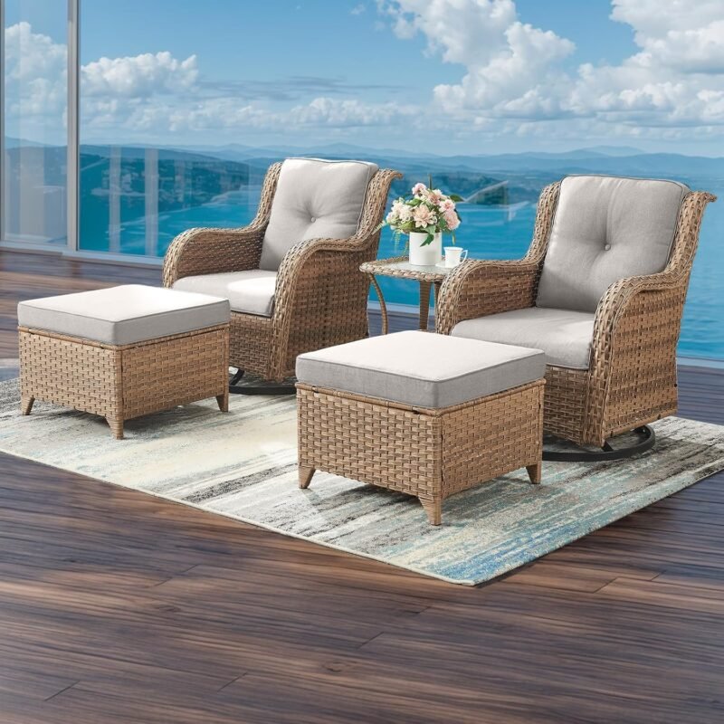 Patio Furniture Swivel Chairs Set - 5 Piece Rattan Wicker Outdoor Sectional Conversation Sets with 2 Swivel Rocking Chairs,2 Ottomans and 1 Side Table for Porch Deck Garden(Yellow/Beige) - Imagen 7