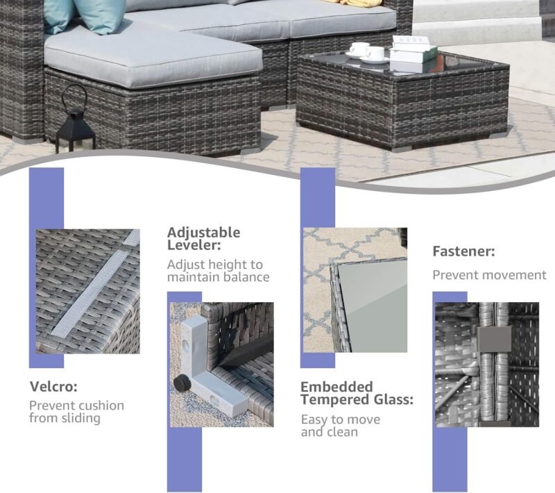 Patiorama 7 Pieces Outdoor Patio Furniture Set, All Weather Grey PE Wicker Rattan Sectional Conversation Set, Porch Garden W/Built-in Glass Table, Seat Clips, Light Grey Cushions - Imagen 4
