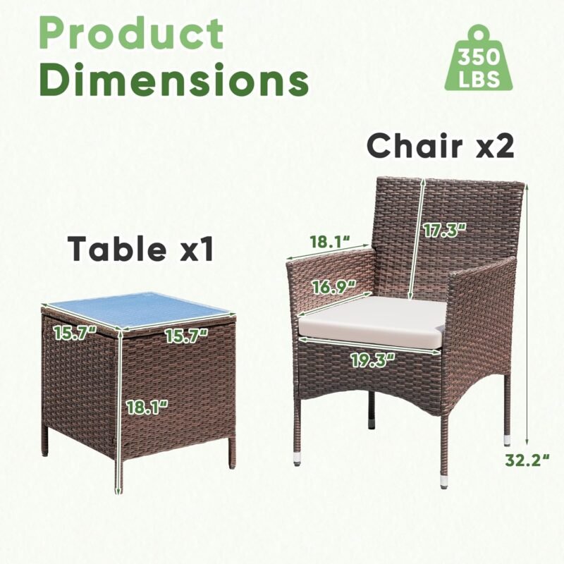 Greesum 3 Pieces Patio Dining PE Rattan Wicker Chair Furniture Set with Cushion and Glass Coffee Table for Outdoor Garden Backyard Poolside, Brown and Beige - Imagen 3