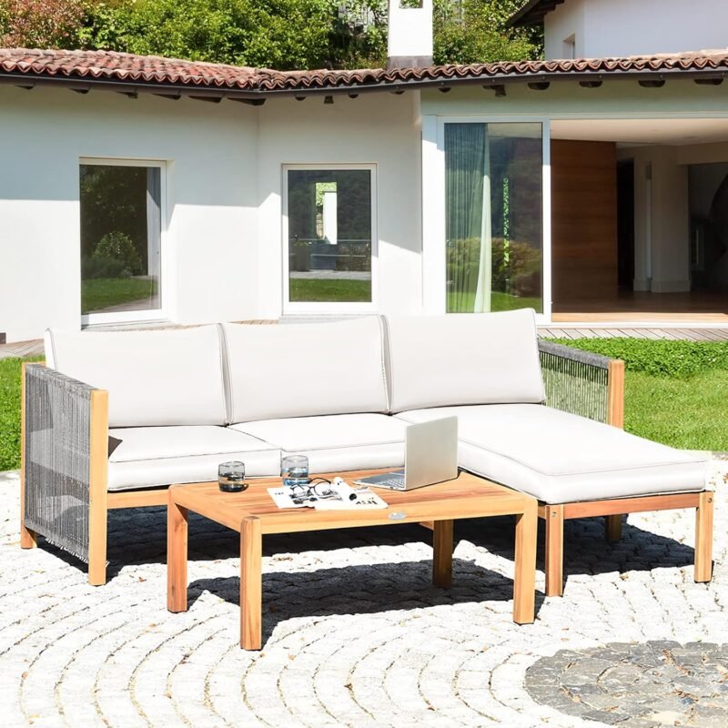 Tangkula L Shape Outdoor Furniture Set, 3 Piece Acacia Wood Patio Conversation Set, with 2 loveseats and Coffee Table, Garden Backyard Poolside Patio Seating Set (White) - Imagen 3