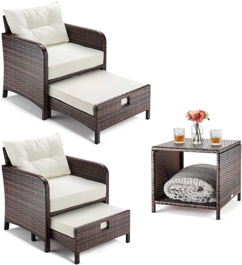 Pamapic 5 Pieces Wicker Patio Furniture Set Outdoor Patio Chairs with Ottomans Conversation Furniture with coffetable for Poolside Garden Balcony(Beige) - Imagen 3