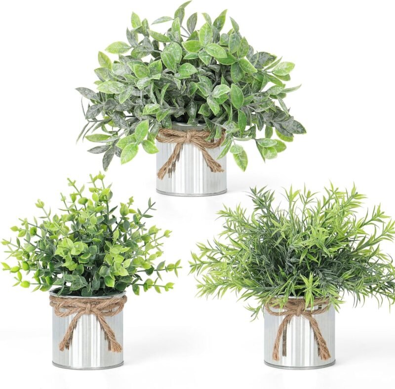 SOMYTING 3 Plantas Artificiales Artificiales de Metal en Maceta, Plantas Decorativas Verdes en macetas Blancas, Plantas Decorativas pequeñas Plantas Artificiales eucalipto para el hogar Dormitorio