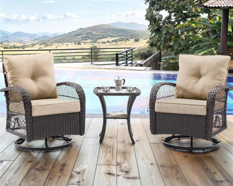 UDPATIO 3 Pieces Patio Furniture Set, Outdoor Swivel Gliders Rocker, Wicker Patio Bistro Set with Rattan Rocking Chair, Glass Top Side Table and Thickened Cushions for Porch Deck Backyard (Khaki) - Imagen 2