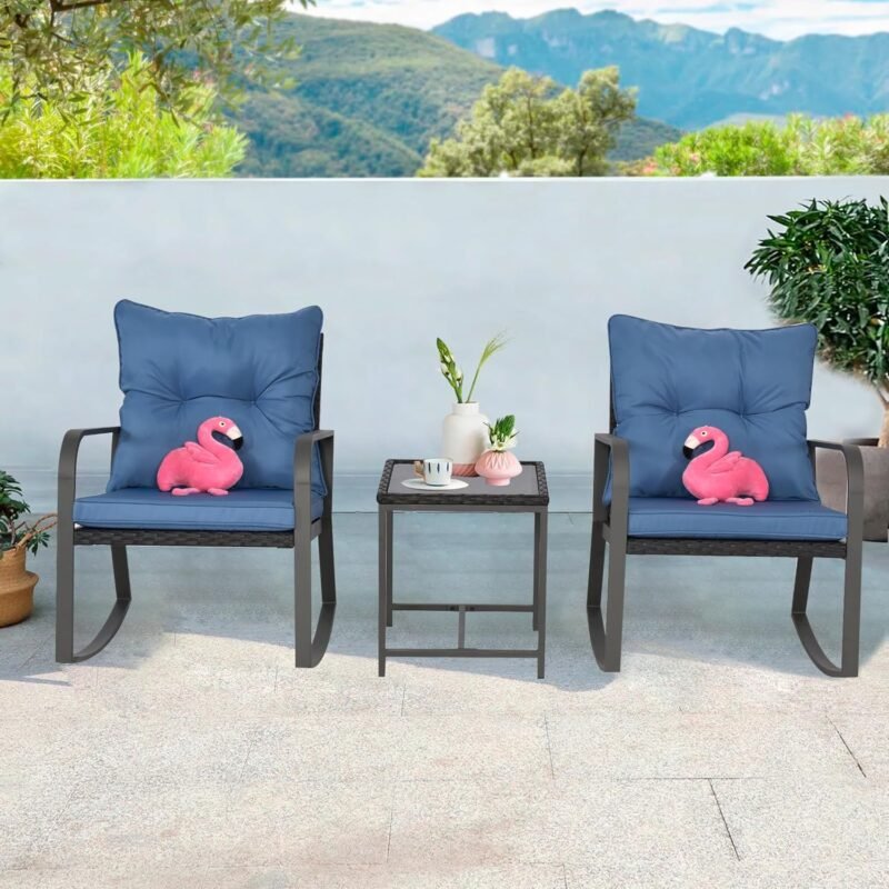 3 Pieces Patio Bistro Set Outdoor Rocking Chair w Cushion for Yard Garden Poolside (Blue) - Imagen 2