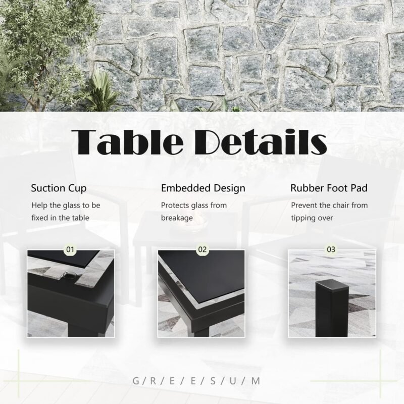 Greesum 3 Pieces Patio Furniture Set Outdoor Conversation Textilene Fabric Chairs for Lawn, Garden, Balcony, Poolside with A Glass Coffee Table, Black - Imagen 5