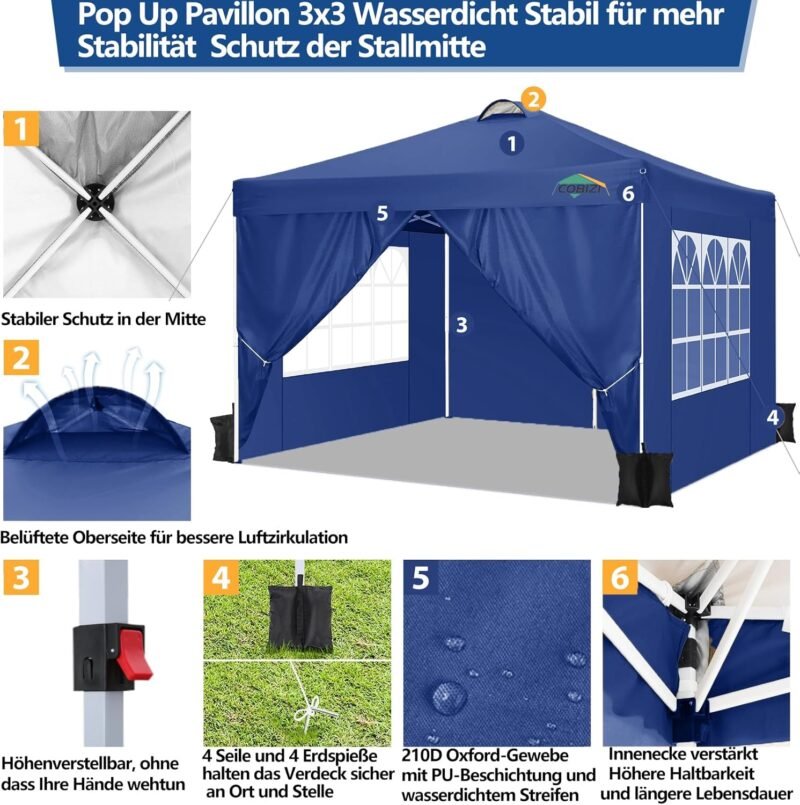 COBIZI Carpa de Jardín de 3x3m Plegable, Cenador Robusto Impermeable, Garden Tent 3x3 Resistente al Agua con 6 Paredes Laterales para Reception,Fiestas, Exterior, Cerveza,Reception,Azul Marino - Imagen 3