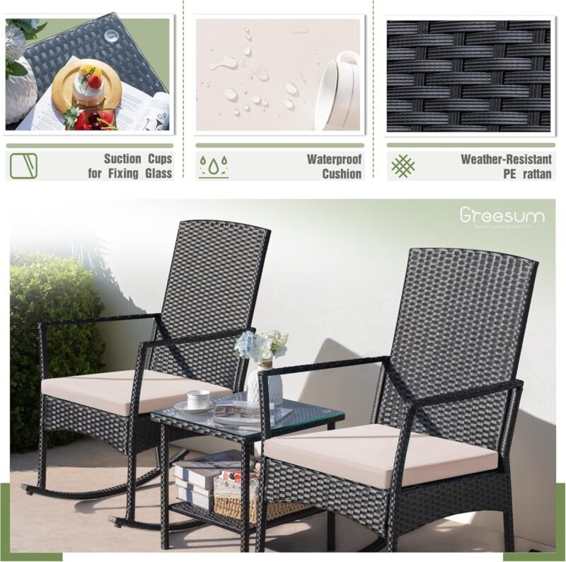 Greesum 3 Pieces Patio Furniture Set Outdoor Wicker Rocking Chairs with Glass Coffee Table for Garden Backyard Porch Poolside, Beige - Imagen 7