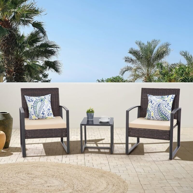 HYDRAGARDEN 3PCS Patio Furniture Set, Outdoor Wicker Bistro Conversation Set with Padded Cushions & Glass Table, Garden Rattan Chair Set for Porch Balcony Backyard (Plus Brown Wicker & Brown Cushions) - Imagen 2