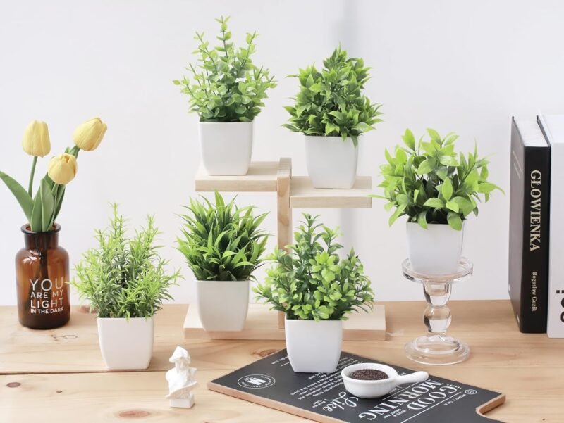 Roqueen 6 Piezas Pequeño Plantas Artificiales con Macetas, Plásticos Mini Plantas Falsas para Mesa Estante Baño Oficina Casa Decoración - Imagen 4