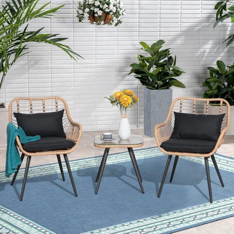 Verano Garden 3 Piece Patio Bistro Set, Outdoor Wicker Conversation Chair Sets Balcony Furniture,Coffee Table with Glass Top, Cushions & Lumbar Pillows for Porch, Backyard, Deck, Poolside - Imagen 8