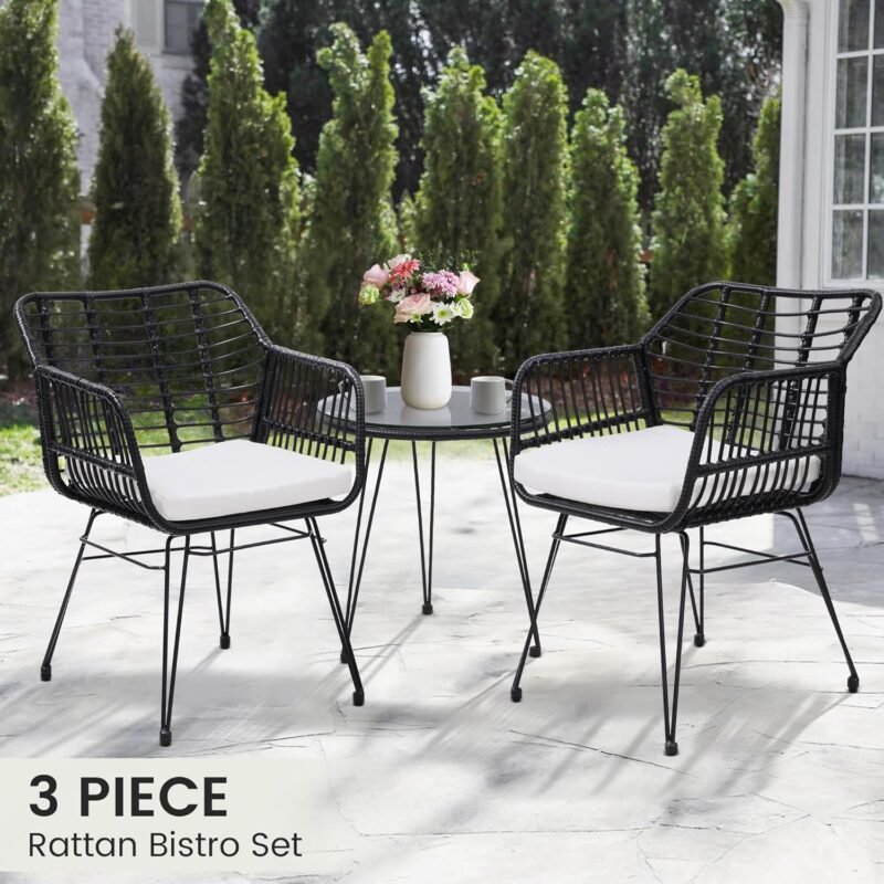 3 Pieces Wicker Patio Bistro Furniture Set, Includes 2 Chairs and Glass Top Table, Ideal for Porch, Outdoor, Backyard, Apartment, Balcony Black Color - Imagen 3