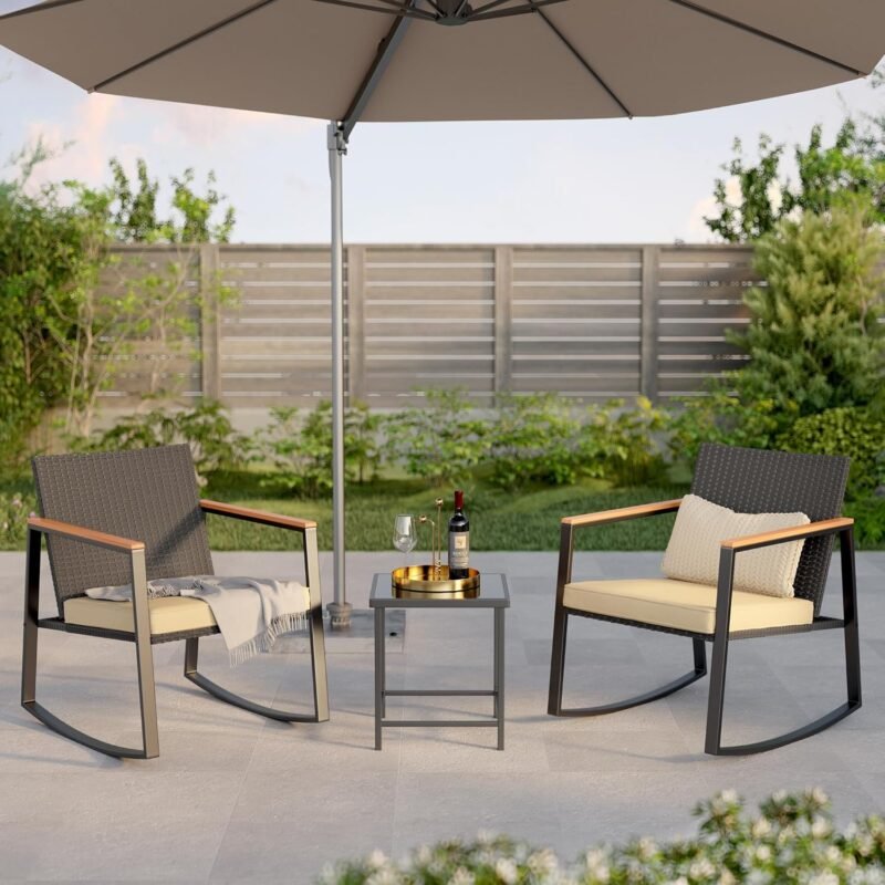 Gizoon 3 Pieces Rocking Patio Bistro Set with Anti-Scald Armrest, Outdoor Patio Wicker Furniture Set with Glass Table and Cushion for Garden, Yard, Porch - Imagen 8