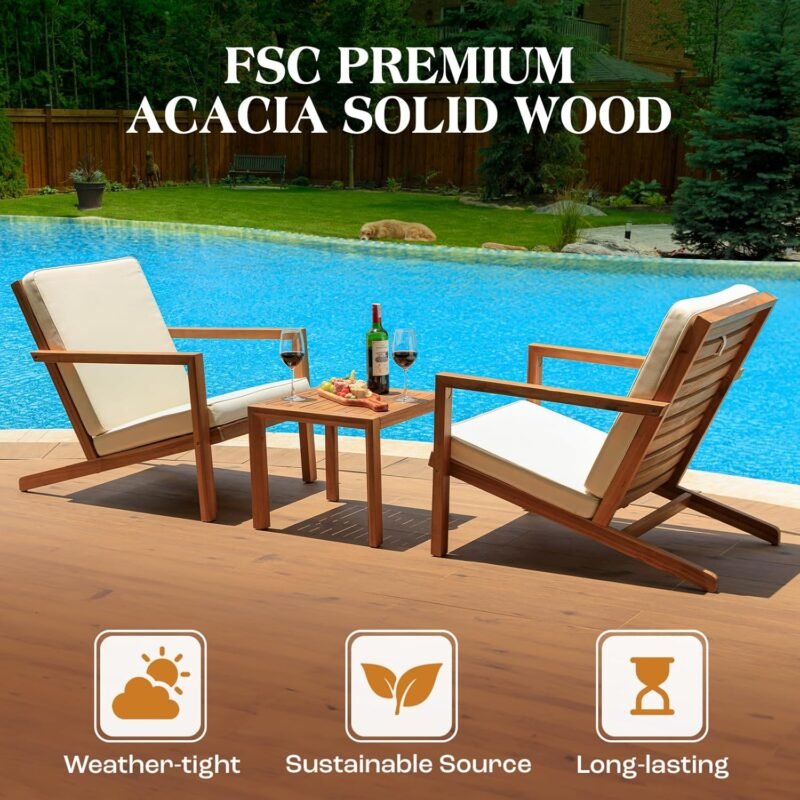 IDZO Eleve 3-Piece Patio Bistro Set: 400lbs Lounge Chairs, Water-Proof Cushions, Wooden Side Table, Ergonomic Design for Garden Or Porch - Imagen 3