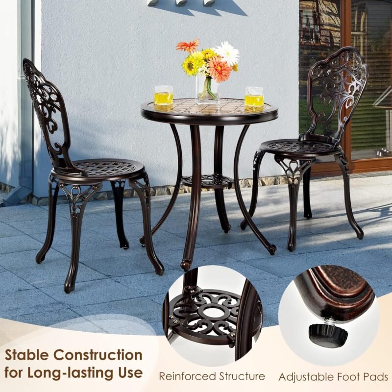 Giantex 3 Piece Patio Bistro Set, Cast Aluminum Patio Table and Chairs with Adjustable Feet, Outdoor Dining Chairs and Table Set for Lawn Porch Garden Balcony Backyard Poolside (Red Copper) - Imagen 6