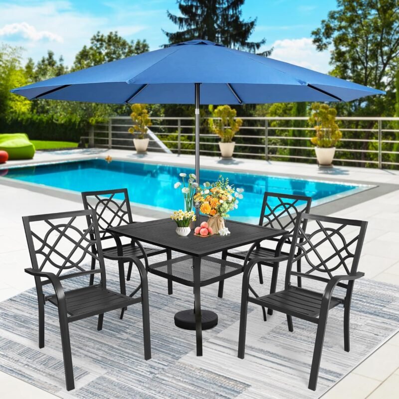 SUNCROWN 5-Piece Outdoor Wrought Iron Chairs and Table Patio Dining Furniture Set - 4 Stackable Metal Chairs, 1 Steel Slat Bistro Table and 1 Dark Blue 9Ft Patio Umbrella for Garden Backyard Deck - Imagen 2
