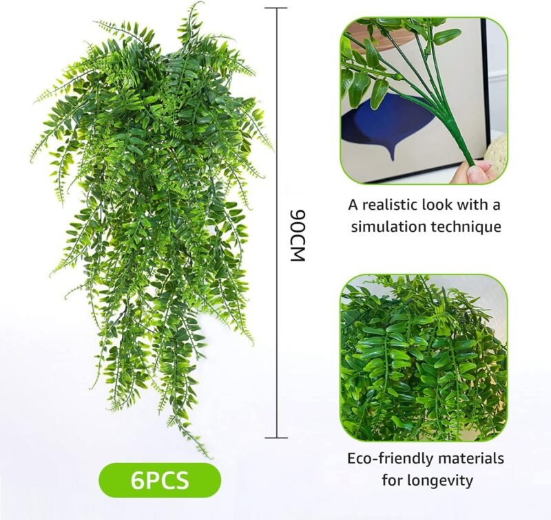6 Piezas Plantas Artificiales Colgantes, Planta Artificial Colgante de Helecho, Plantas de Escalada Falsas, Plantas Artificiales Decorativas, para Interior y Exterior, Salas de Estar, Balcón (90 CM) - Imagen 2