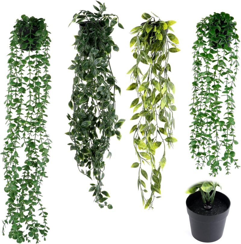 VFANDV 4 Piezas Plantas Artificiales Colgantes, Plantas Colgantes Hiedra Verde Artificial con Macetas 56/65/80/85cm Interior Exterior Plantas Artificiales Decorativas para Sala de Estar Balcón Jardín