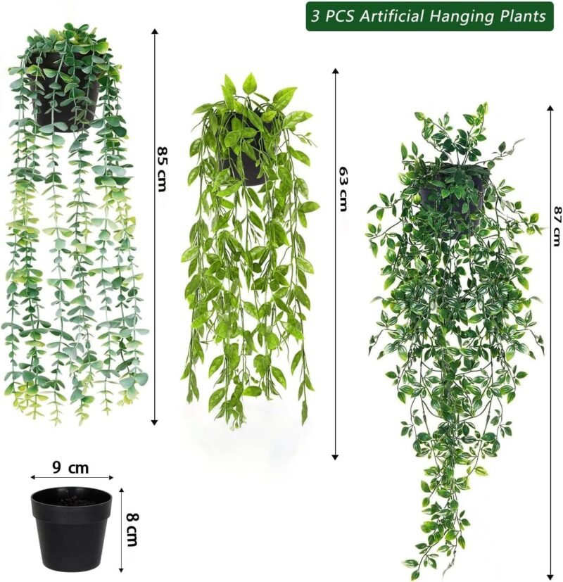 3 Piezas Plantas Artificiales, Plantas Artificiales Decorativas con Maceta, 63-87CM Largo Hiedra Verde, Colgantes Planta Artificial para Exterior Interior Jardín Pared Decorativas - Imagen 3