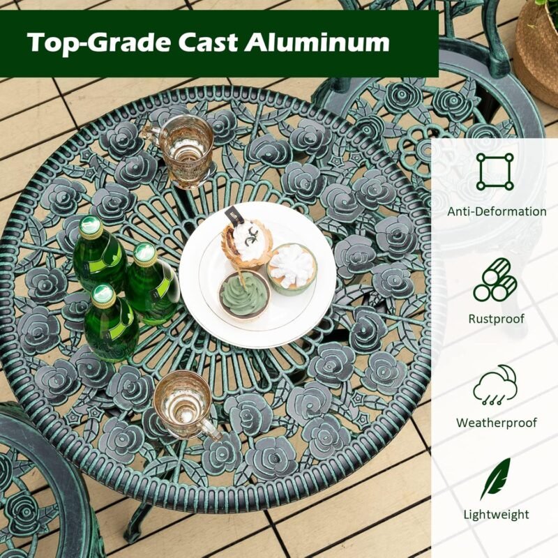 Giantex 3 Piece Bistro Set Cast Aluminum Rose Design Antique Outdoor Patio Furniture Weather Resistant Garden Round Table and Chairs w/Umbrella Hole (Rose Design) - Imagen 8