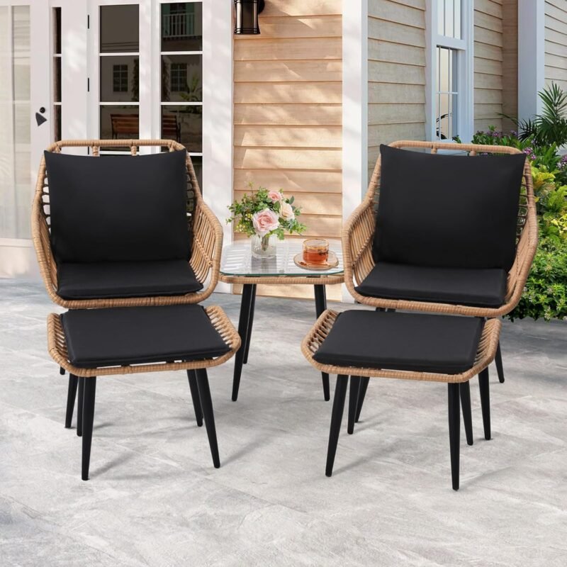 Outdoor Wicker Chairs and Table Bistro Conversation Furniture Set, 5 Pieces with Ottoman for Porch, Balcony, Deck, Patio, Backyard, Natural Color - Imagen 2