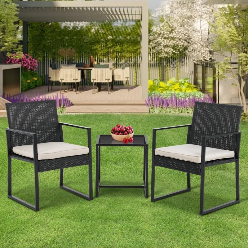 PayLessHere 3-Piece Rattan Wicker Bistro Set Outdoor Conversation Set Sturdy Frame Wicker Furniture with 2 Chairs Cushions Tempered Glass Table for Poolside Balcony Patio Bar Garden (Khaki) - Imagen 2