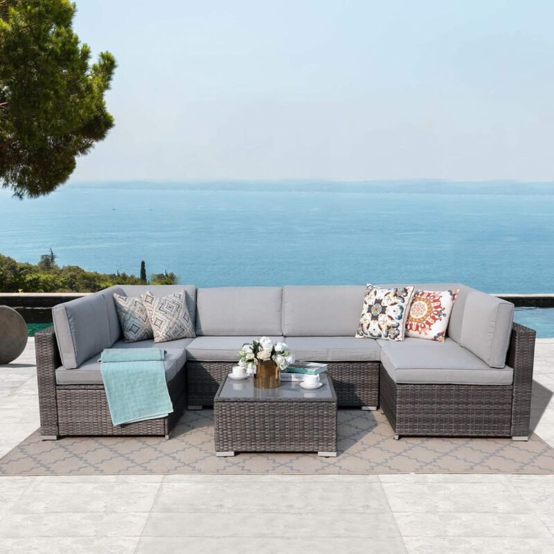 Patiorama 7 Pieces Outdoor Patio Furniture Set, All Weather Grey PE Wicker Rattan Sectional Conversation Set, Porch Garden W/Built-in Glass Table, Seat Clips, Light Grey Cushions - Imagen 8