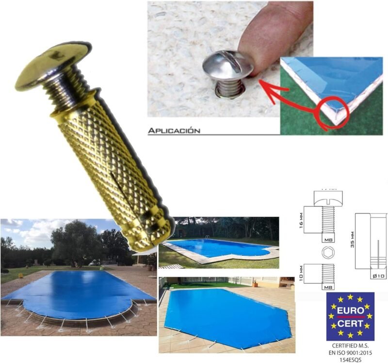 BricoLoco Tacos de Piscina de latón, Tornillo INOX A2 | Sistema de Anclaje para Lona Piscina Escamoteable con Rosca Completa. (20) - Imagen 2