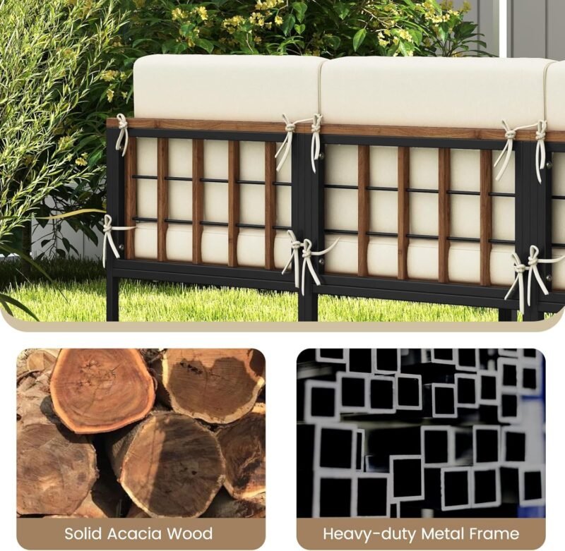Tangkula 6 Pieces Acacia Wood Patio Furniture Set, Patiojoy Outdoor Sectional Conversation Sofa Set with Cushions, Coffee Table and Ottomans, Patio Seating Sofas for Garden, Poolside, Backyard (Beige) - Imagen 9