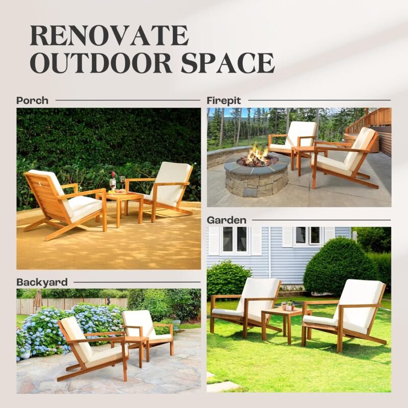 IDZO Eleve 3-Piece Patio Bistro Set: 400lbs Lounge Chairs, Water-Proof Cushions, Wooden Side Table, Ergonomic Design for Garden Or Porch - Imagen 8