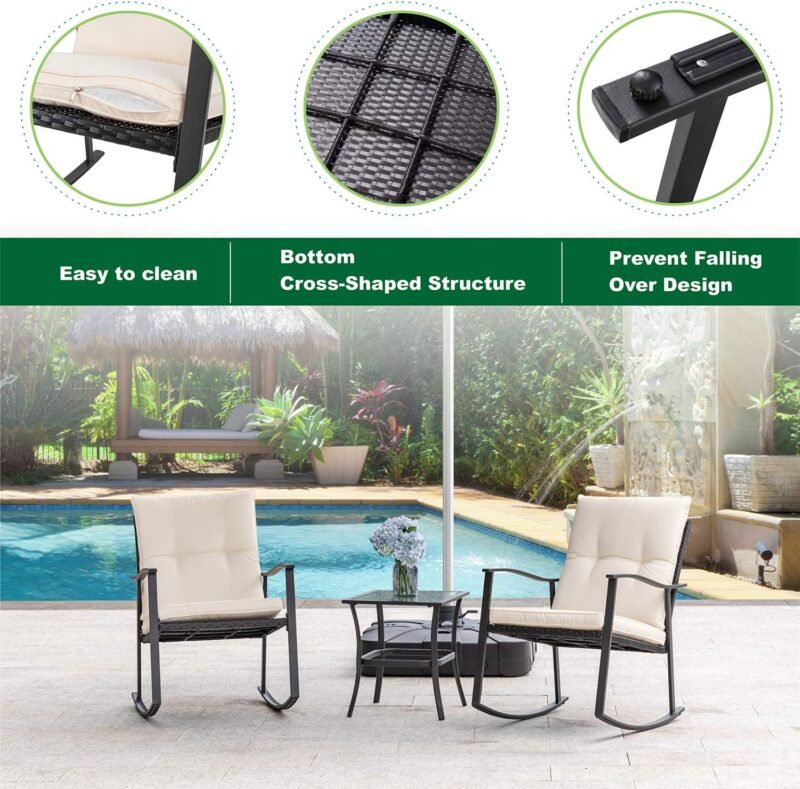 Shintenchi Outdoor 3-Piece Rocking Bistro Set,Wicker Patio Furniture Porch Chairs Conversation Sets with Glass Coffee (Beige Cushion) - Imagen 6