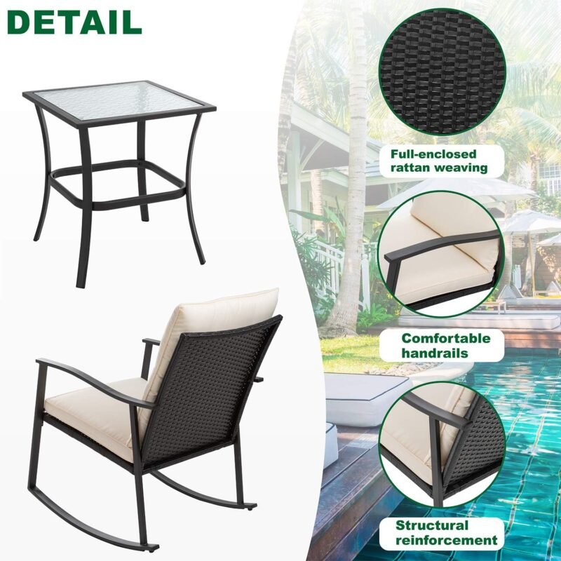 Shintenchi Outdoor 3-Piece Rocking Bistro Set,Wicker Patio Furniture Porch Chairs Conversation Sets with Glass Coffee (Beige Cushion) - Imagen 3