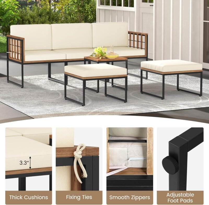 Tangkula 6 Pieces Acacia Wood Patio Furniture Set, Patiojoy Outdoor Sectional Conversation Sofa Set with Cushions, Coffee Table and Ottomans, Patio Seating Sofas for Garden, Poolside, Backyard (Beige) - Imagen 6