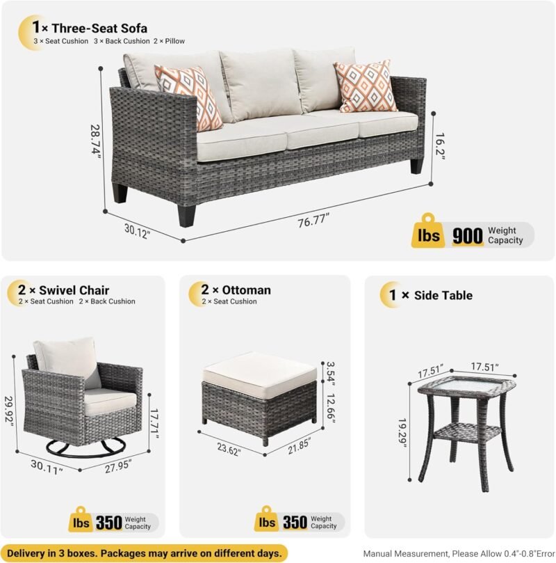 ovios Patio Furniture Set, 6 Piece Outdoor Wicker Sofa with Swivel Rocking Chairs and Comfy Cushions, High Back Rattan Couch Conversation Set, Beige - Imagen 8