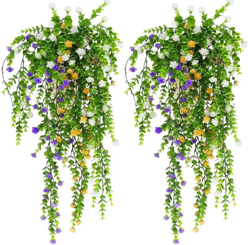 milaosk 3 Piezas Plantas Artificiales Colgantes,Hiedra Artificial con Flores Plantas Artificiales Decorativas Artificial Plants Outside Interior para Decoración del Jardín del Balcón 80cm