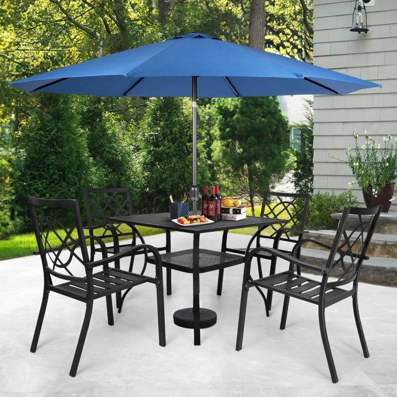 SUNCROWN 5-Piece Outdoor Wrought Iron Chairs and Table Patio Dining Furniture Set - 4 Stackable Metal Chairs, 1 Steel Slat Bistro Table and 1 Dark Blue 9Ft Patio Umbrella for Garden Backyard Deck - Imagen 3