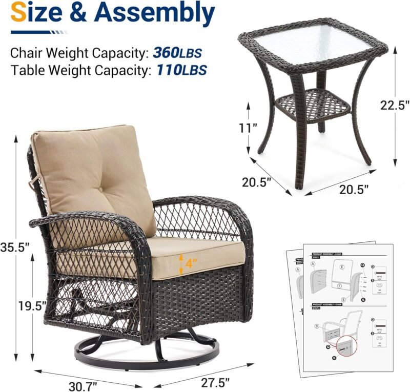 UDPATIO 3 Pieces Patio Furniture Set, Outdoor Swivel Gliders Rocker, Wicker Patio Bistro Set with Rattan Rocking Chair, Glass Top Side Table and Thickened Cushions for Porch Deck Backyard (Khaki) - Imagen 8