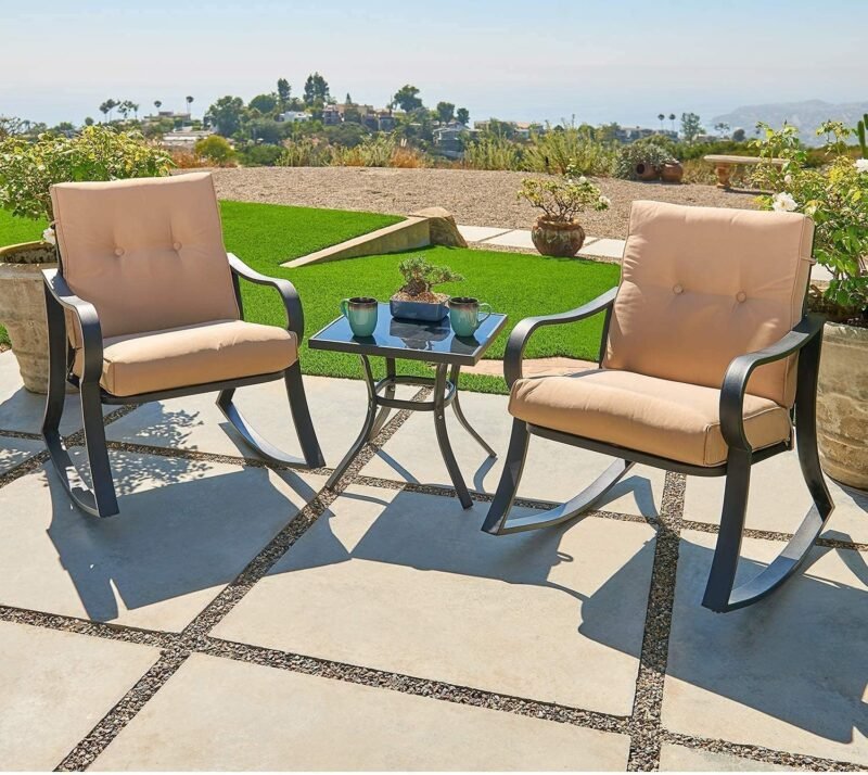 Oakmont Outdoor Furniture 3 Piece Conversation Bistro Set Rocking Chairs and Glass Top Table, Thick Cushions, Black Steel (Brown) - Imagen 2