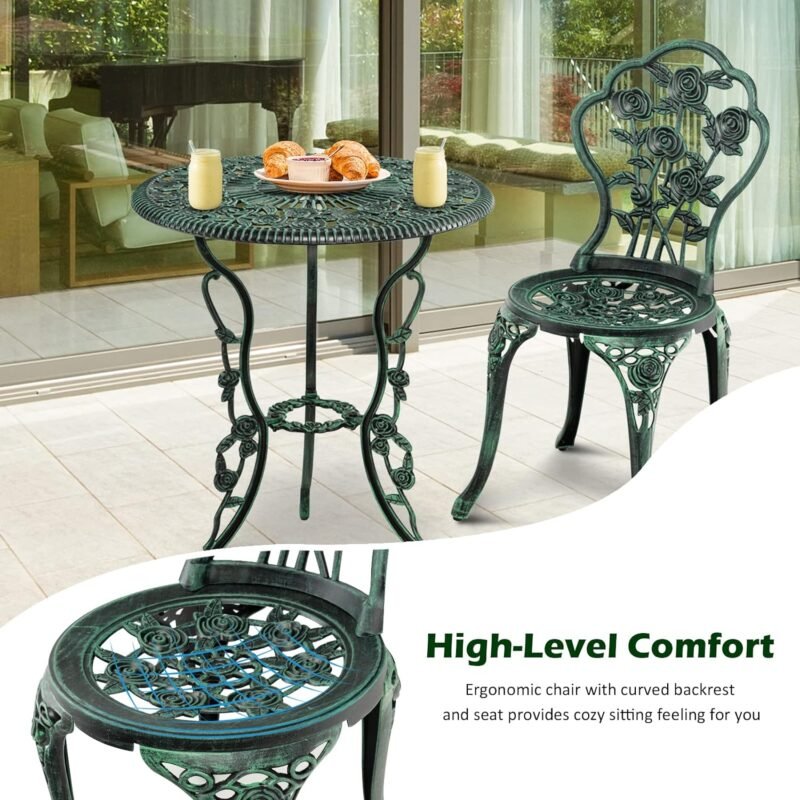 Giantex 3 Piece Bistro Set Cast Aluminum Rose Design Antique Outdoor Patio Furniture Weather Resistant Garden Round Table and Chairs w/Umbrella Hole (Rose Design) - Imagen 7