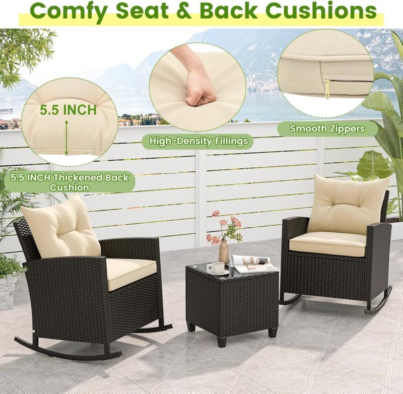 Tangkula 3 Piece Wicker Rocking Set, Patio Rattan Roker Chairs with Tempered Glass Table & Soft Cushions, Outdoor Furniture Set for Backyard, Poolside Porch (Beige) - Imagen 7