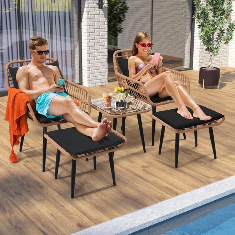Outdoor Wicker Chairs and Table Bistro Conversation Furniture Set, 5 Pieces with Ottoman for Porch, Balcony, Deck, Patio, Backyard, Natural Color - Imagen 4