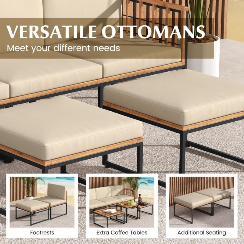 Tangkula 6 Pieces Acacia Wood Patio Furniture Set, Patiojoy Outdoor Sectional Conversation Sofa Set with Cushions, Coffee Table and Ottomans, Patio Seating Sofas for Garden, Poolside, Backyard (Beige) - Imagen 8