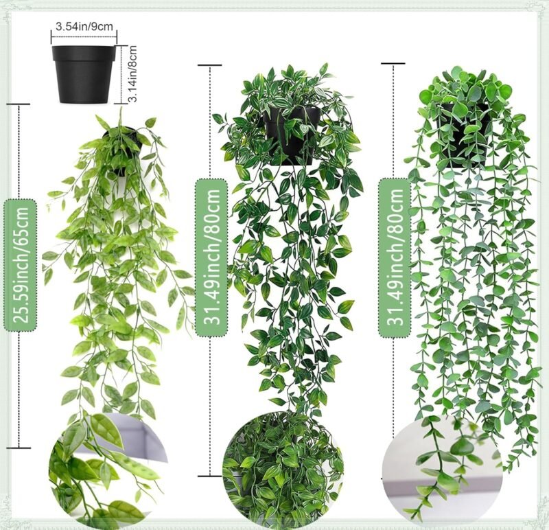 3piezas Plantas Colgantes Artificiales, 30cm Planta Colgante Simulación, Plantas Artificiales Colgantes con Maceta, Plantas Colgantes Verdes para Boda Jardín Balcón Interior Decoración de La Pared - Imagen 2