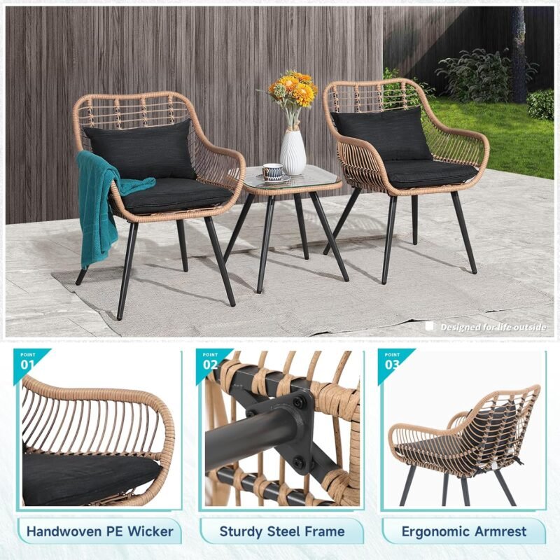 Verano Garden 3 Piece Patio Bistro Set, Outdoor Wicker Conversation Chair Sets Balcony Furniture,Coffee Table with Glass Top, Cushions & Lumbar Pillows for Porch, Backyard, Deck, Poolside - Imagen 4