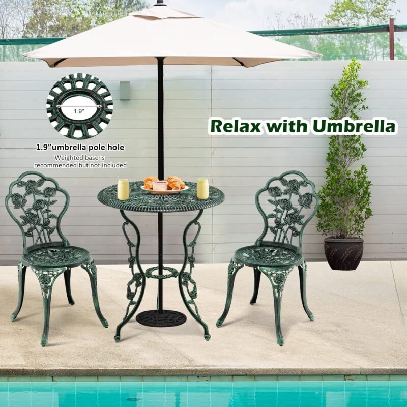 Giantex 3 Piece Bistro Set Cast Aluminum Rose Design Antique Outdoor Patio Furniture Weather Resistant Garden Round Table and Chairs w/Umbrella Hole (Rose Design) - Imagen 2