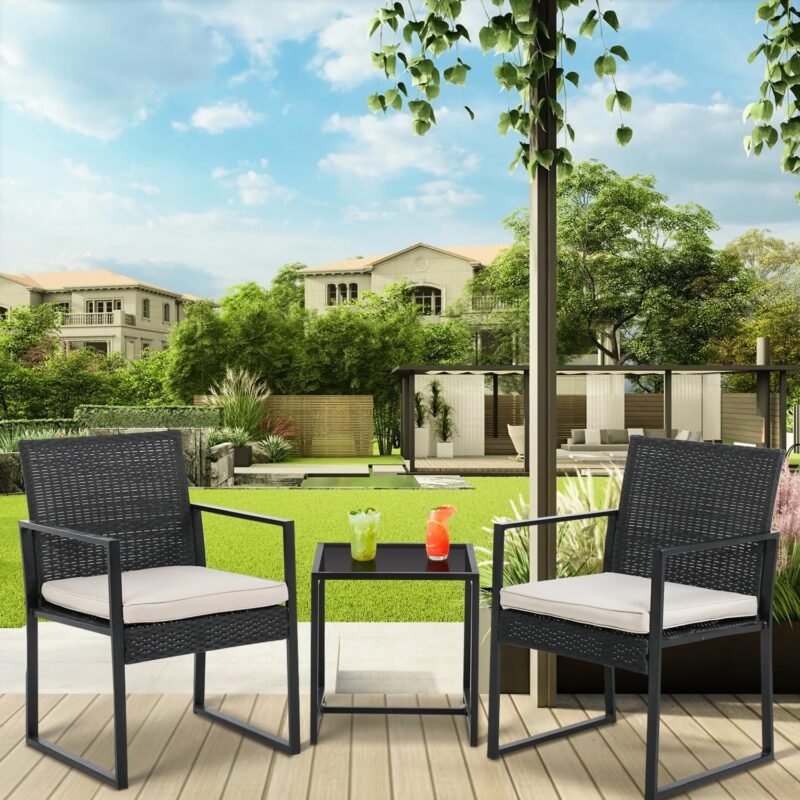 PayLessHere 3-Piece Rattan Wicker Bistro Set Outdoor Conversation Set Sturdy Frame Wicker Furniture with 2 Chairs Cushions Tempered Glass Table for Poolside Balcony Patio Bar Garden (Khaki) - Imagen 3