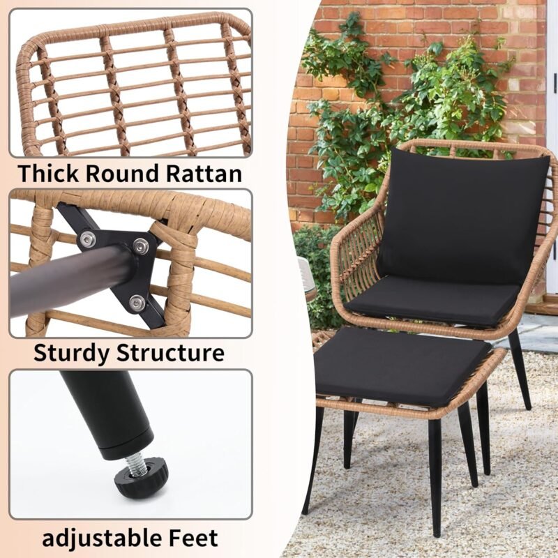 Outdoor Wicker Chairs and Table Bistro Conversation Furniture Set, 5 Pieces with Ottoman for Porch, Balcony, Deck, Patio, Backyard, Natural Color - Imagen 6