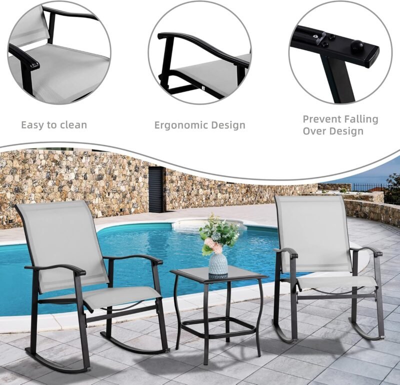 Vongrasig 3 Piece Outdoor Rocking Bistro Set, Textilene Fabric Small Patio Furniture Set, Front Porch Rocker Chairs Conversation Set with Glass Table for Lawn, Garden, Balcony, Poolside (Light Gray) - Imagen 3
