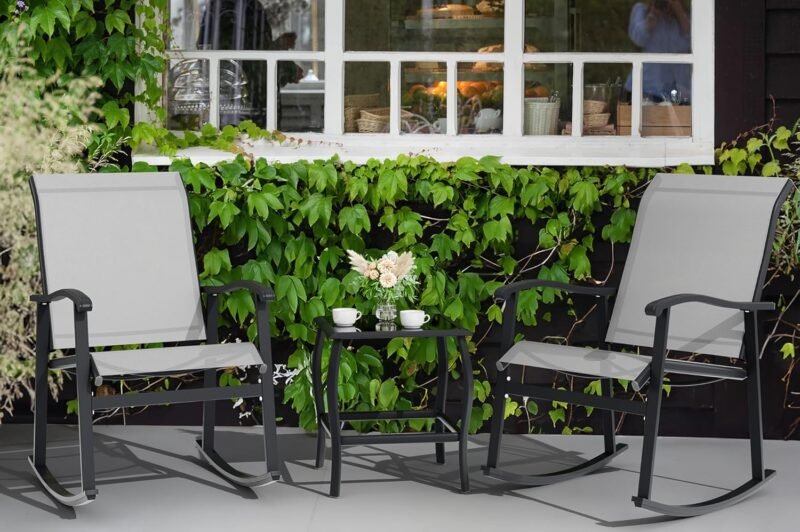 Vongrasig 3 Piece Outdoor Rocking Bistro Set, Textilene Fabric Small Patio Furniture Set, Front Porch Rocker Chairs Conversation Set with Glass Table for Lawn, Garden, Balcony, Poolside (Light Gray) - Imagen 8